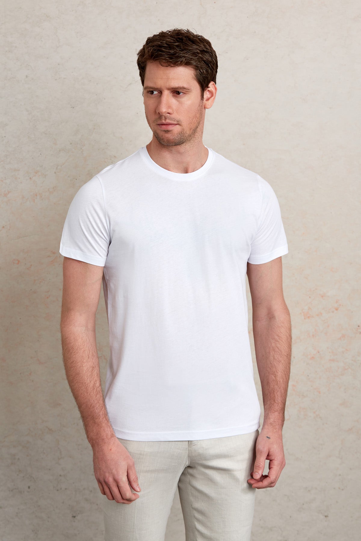Regular Fit White Basic Cotton Crew Neck T-Shirt - SAYKI