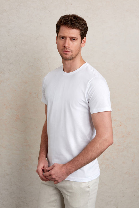 White cotton crew-neck t-shirt.