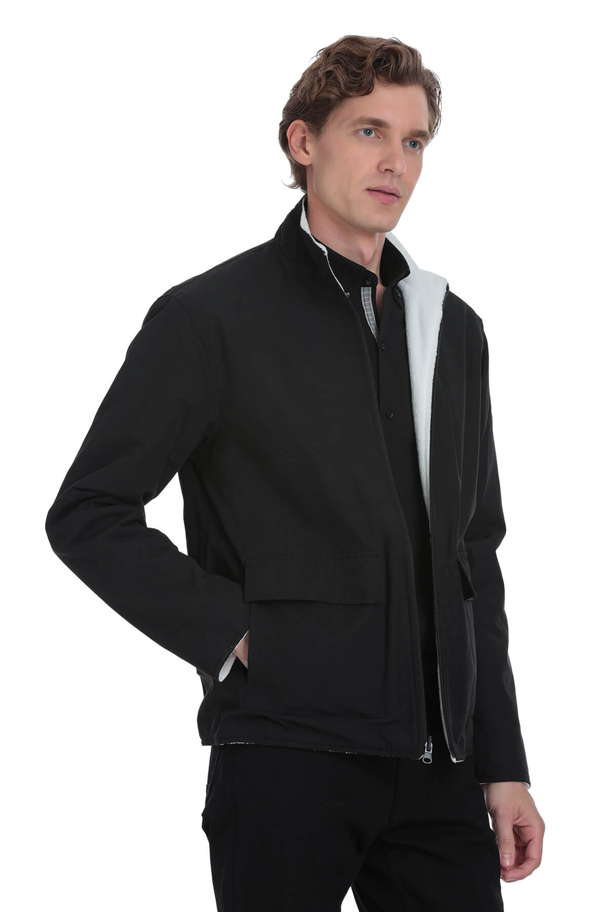 Black zip-up jacket with a contrasting white inner lining and subtle gray trim along the collar.