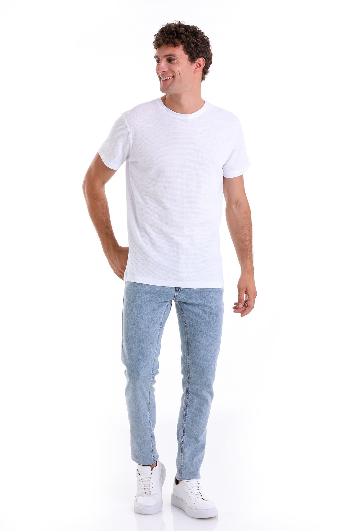 Regular Fit White Cotton Crew Neck T-Shirt - SAYKI