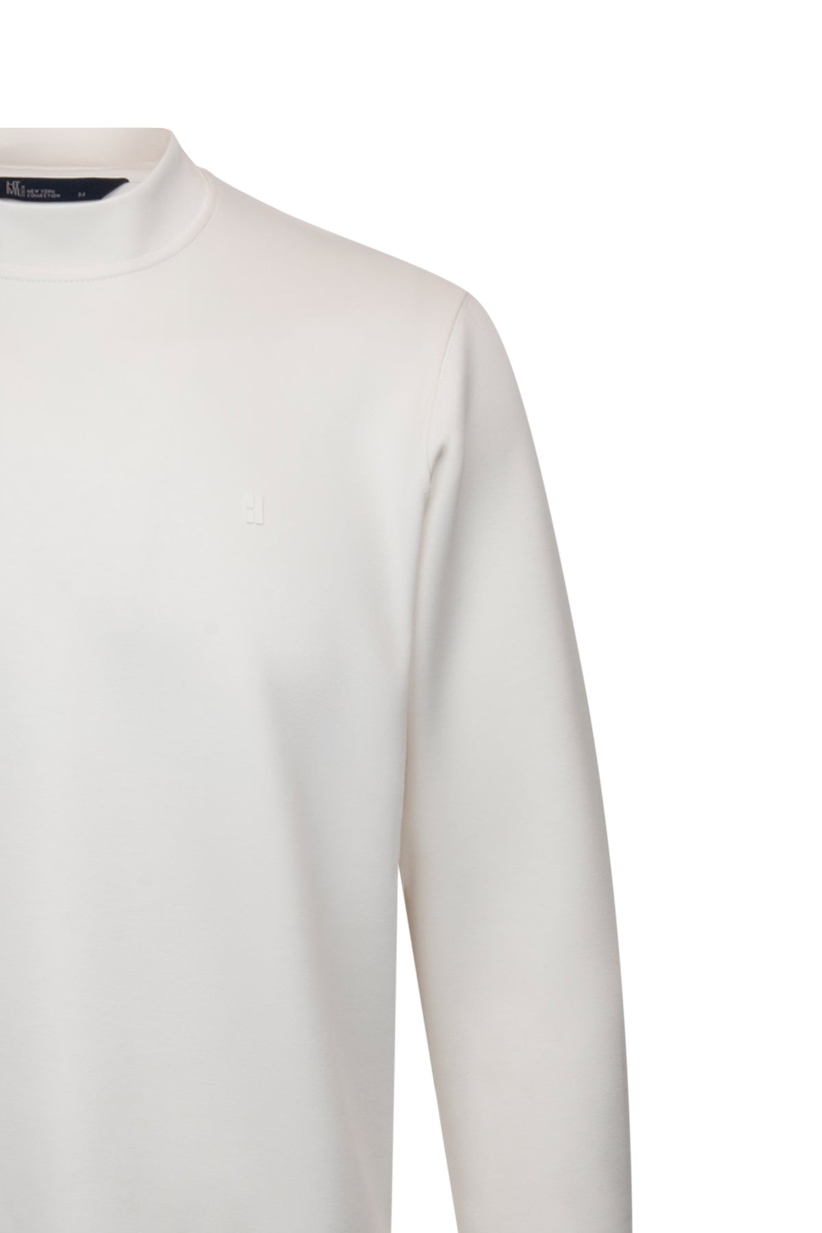 A minimalist white long-sleeved crew neck sweater with a smooth, soft fabric and subtle stitching details.