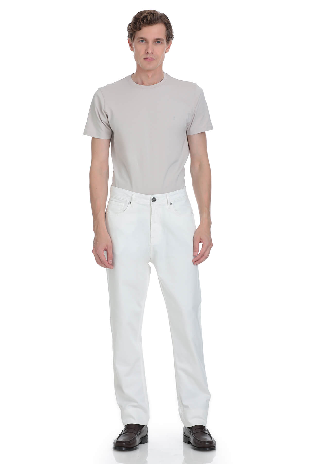 Regular fit white five pocket cotton denim pants featuring straight-leg trousers with minimalist design and subtle stitching