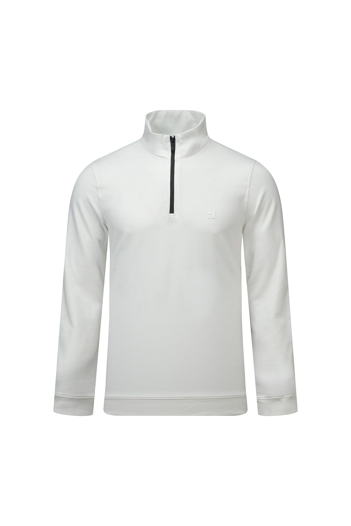 Regular fit white quarter-zip mock neck sweatshirt with long sleeves and black zipper featuring a subtle chest logo