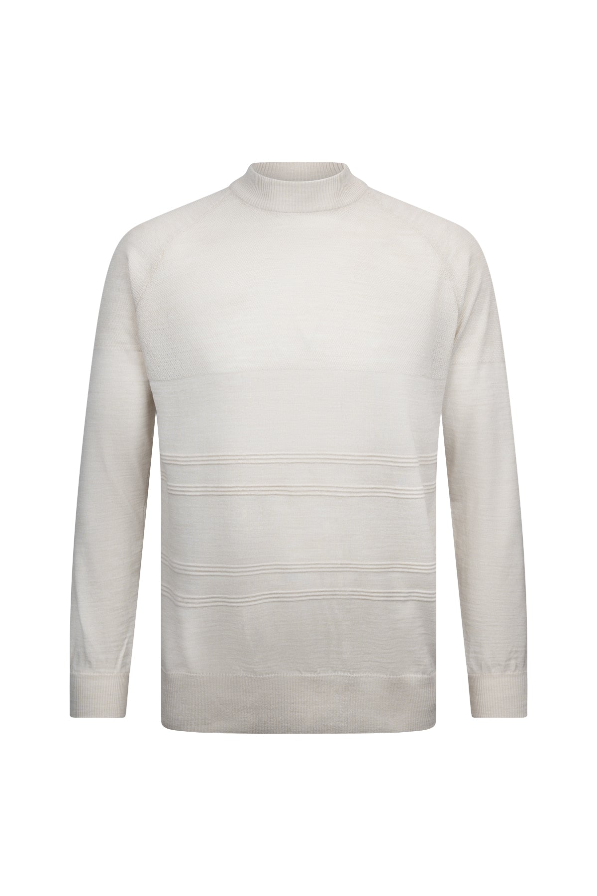 Cream-colored, long-sleeved turtleneck sweater with subtle horizontal ribbed detailing across the chest.