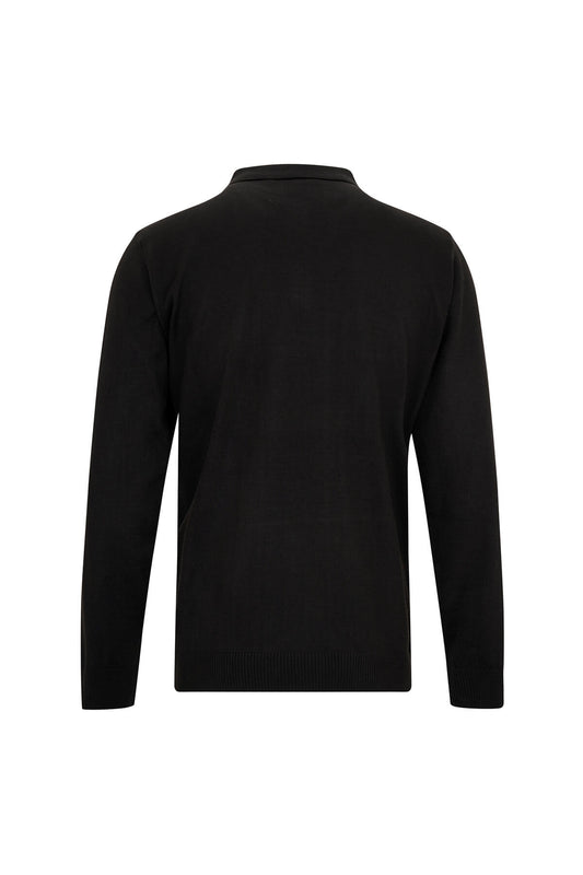 Black long-sleeved polo shirt with a ribbed collar and hem.