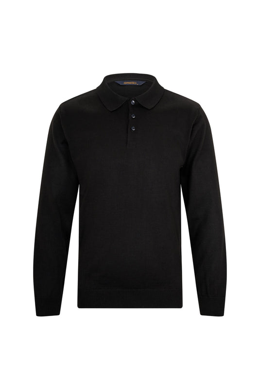 Black long-sleeved polo shirt with a classic collar and three-button placket.