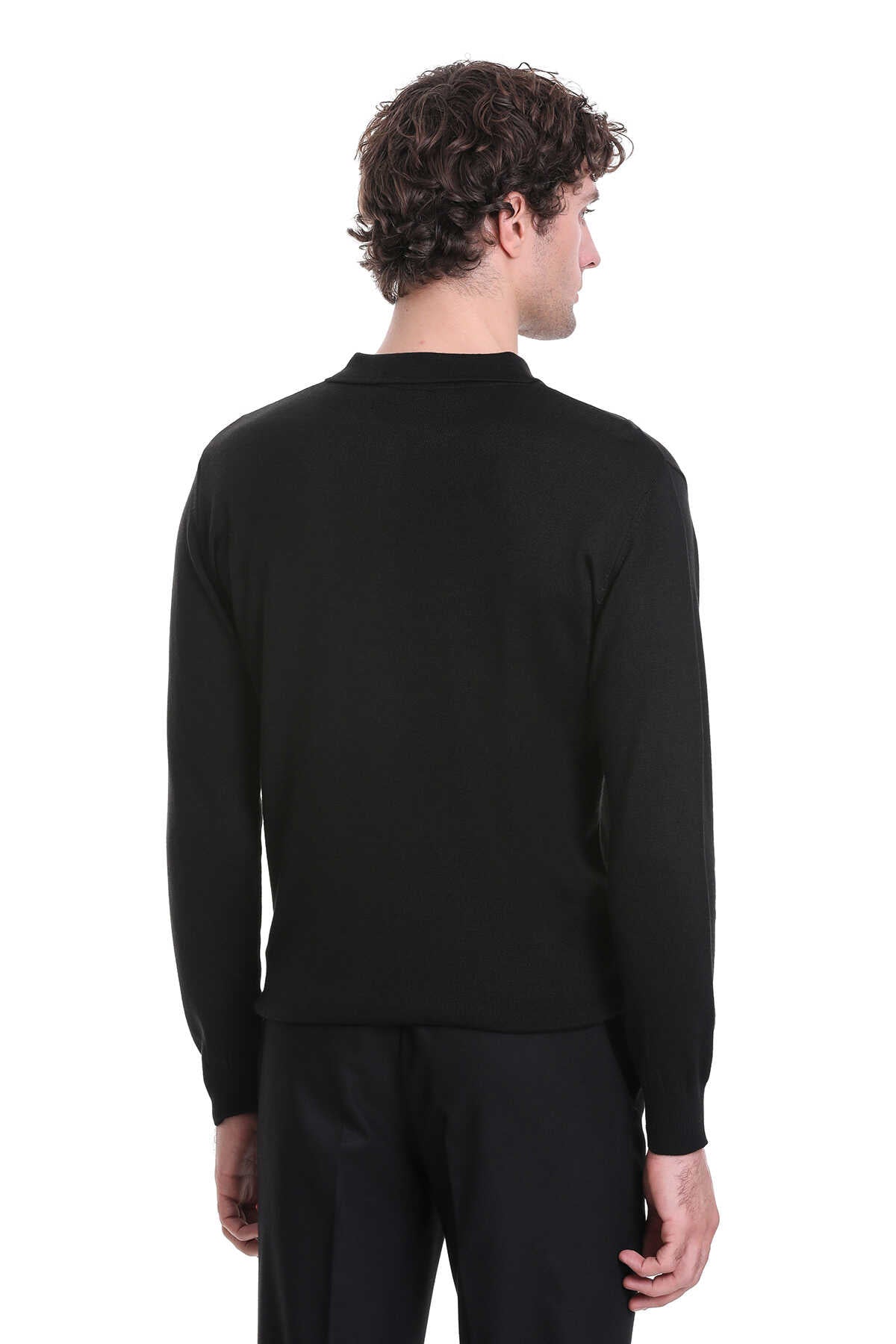 Regular Fit Wool Blend Black Polo Sweater - SAYKI