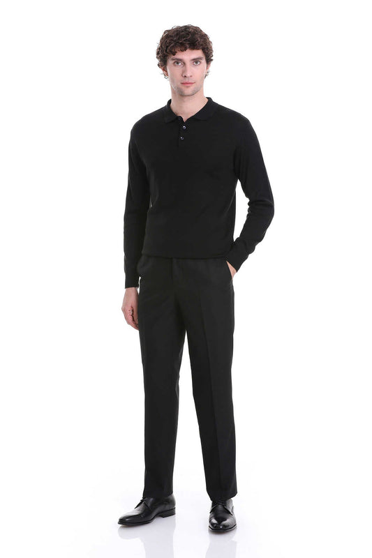 Black long-sleeved polo shirt with a buttoned collar and subtle ribbed texture.