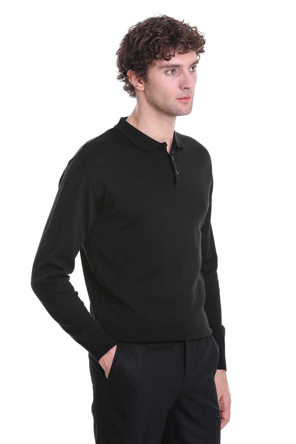 Regular Fit Wool Blend Black Polo Sweater - SAYKI