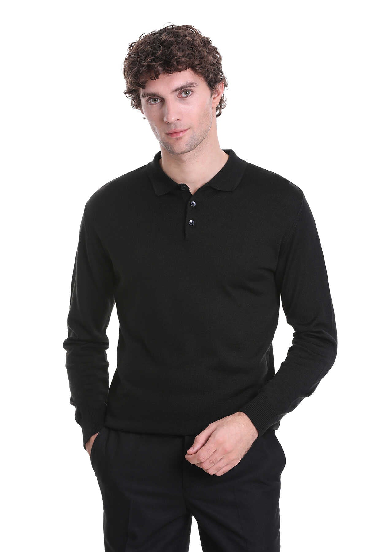 Regular Fit Wool Blend Black Polo Sweater - SAYKI