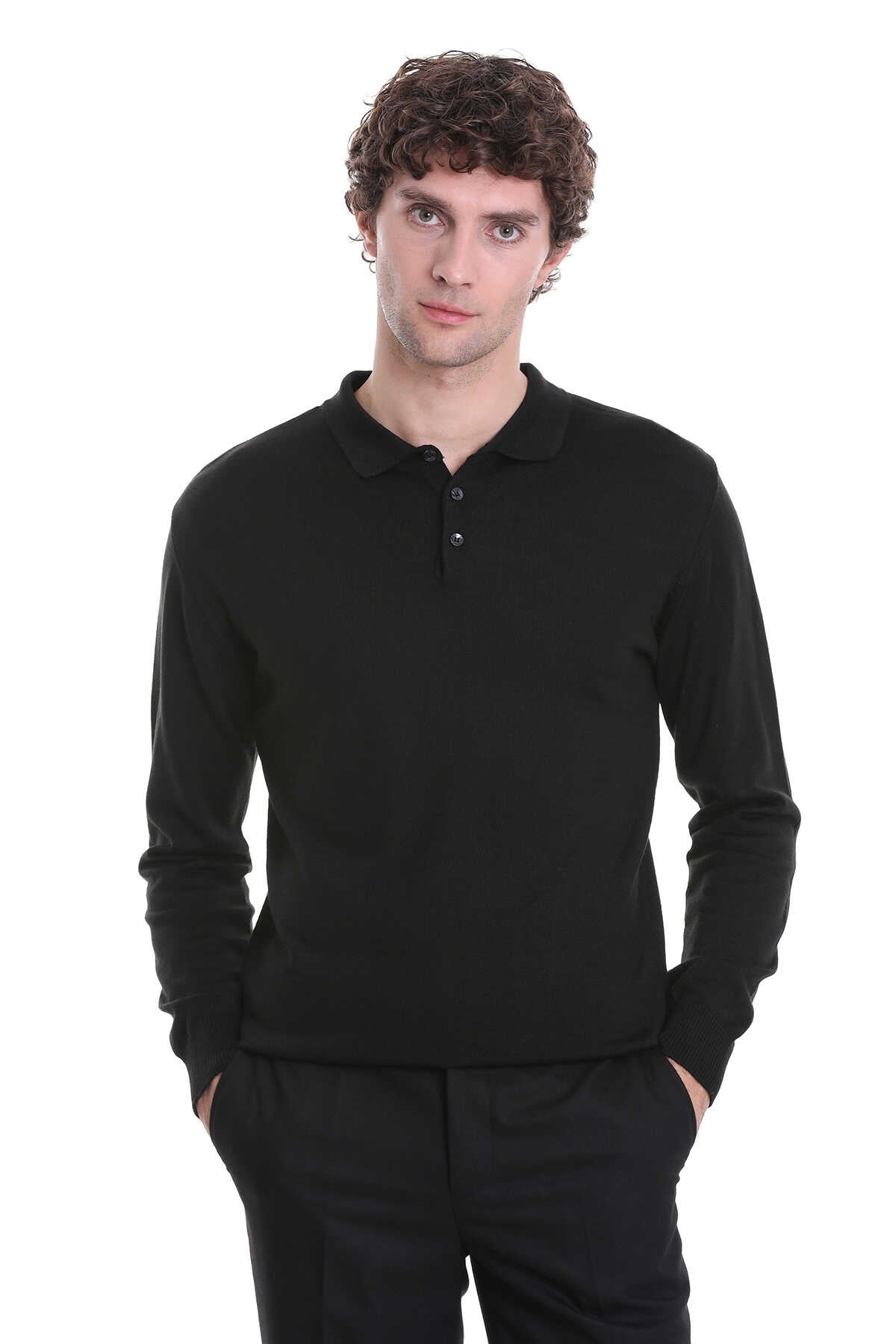 Regular Fit Wool Blend Black Polo Sweater - SAYKI