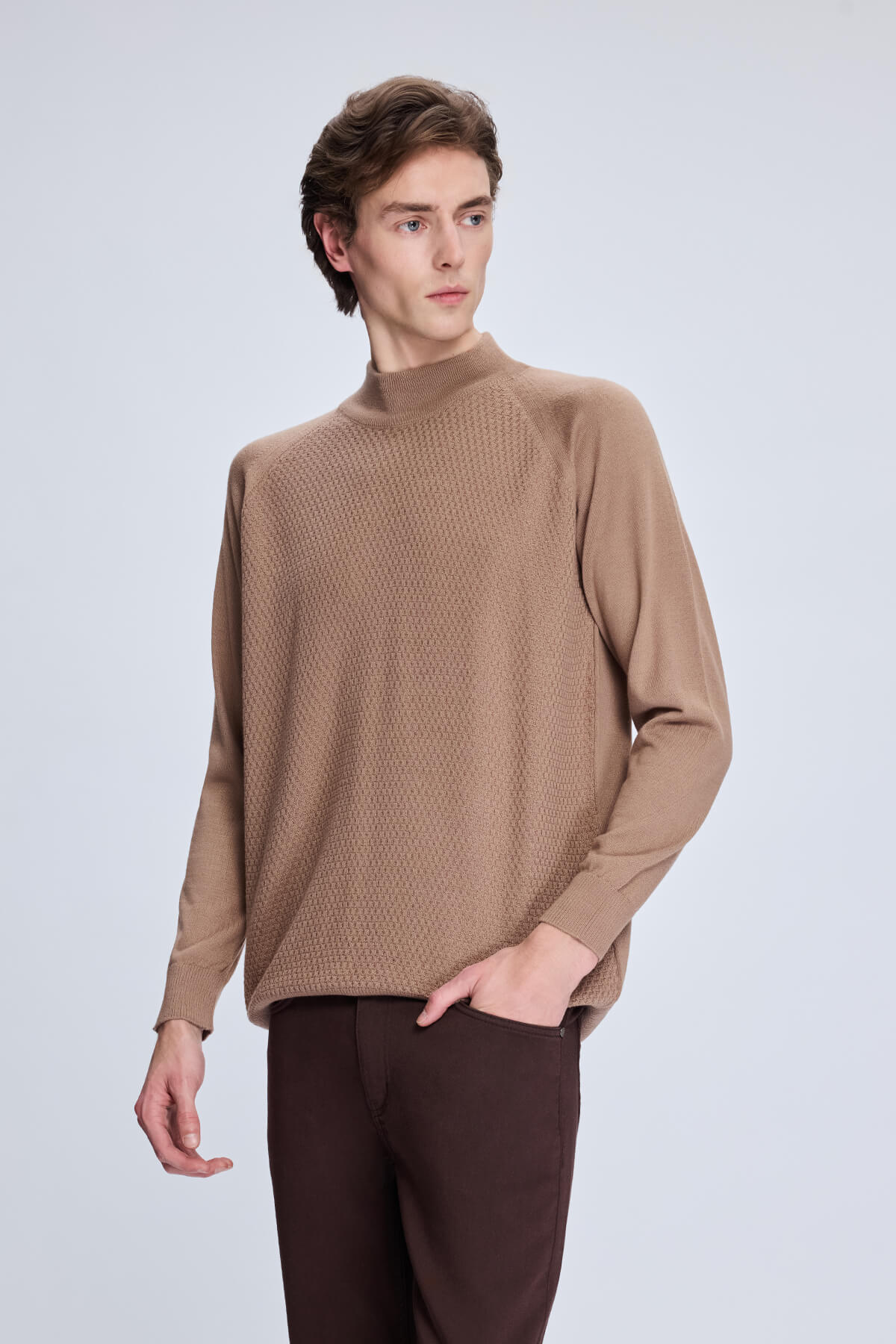 Regular Fit Wool Blend Brown Mockneck Sweater - SAYKI