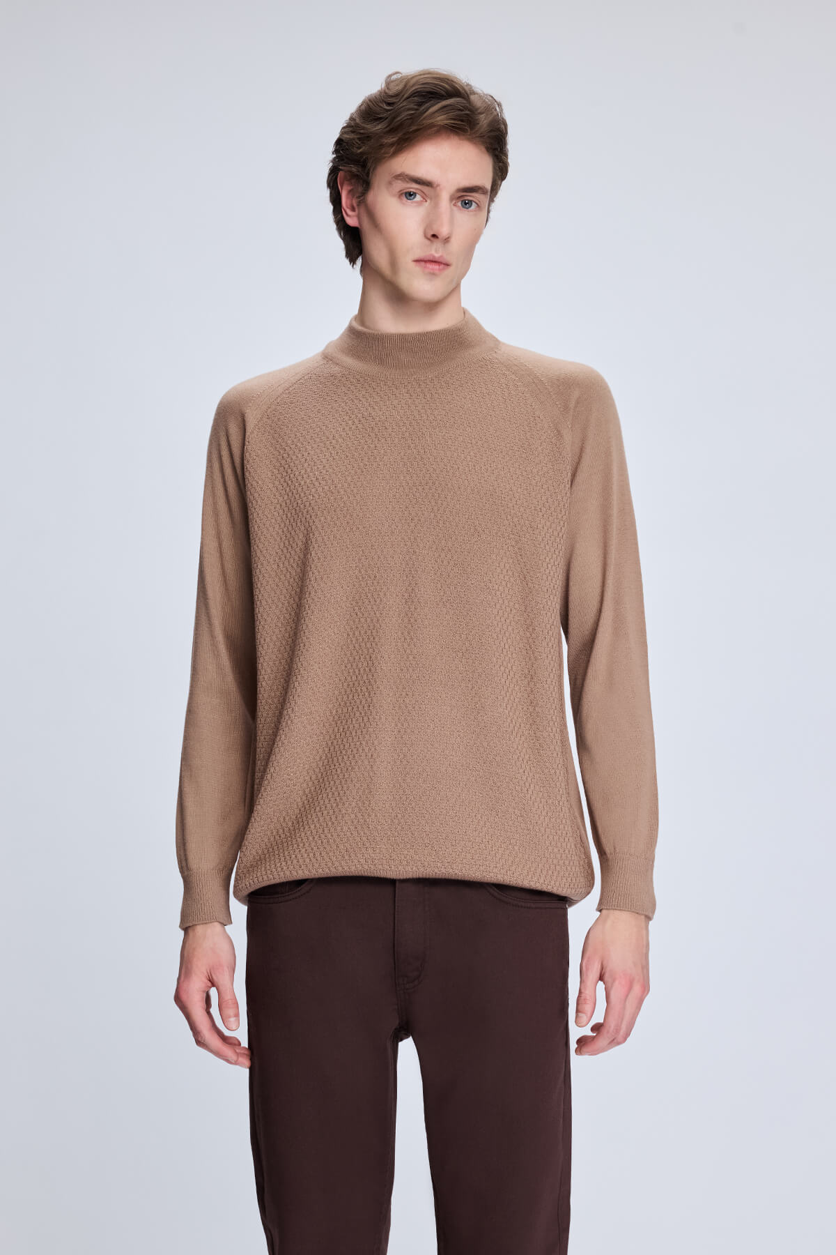 Regular Fit Wool Blend Brown Mockneck Sweater - SAYKI