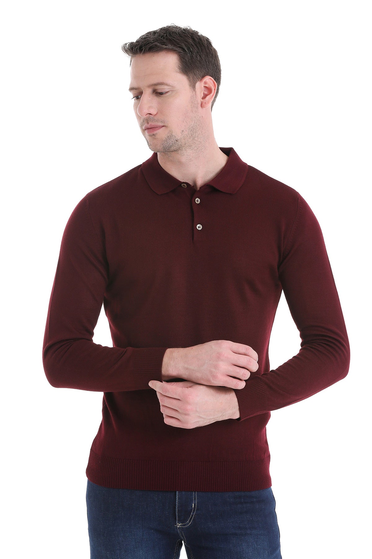 Regular Fit Wool Blend Burgundy Polo Sweater - SAYKI