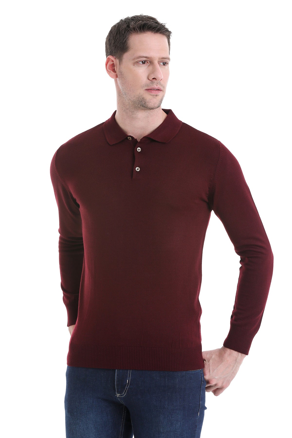 Regular Fit Wool Blend Burgundy Polo Sweater - SAYKI