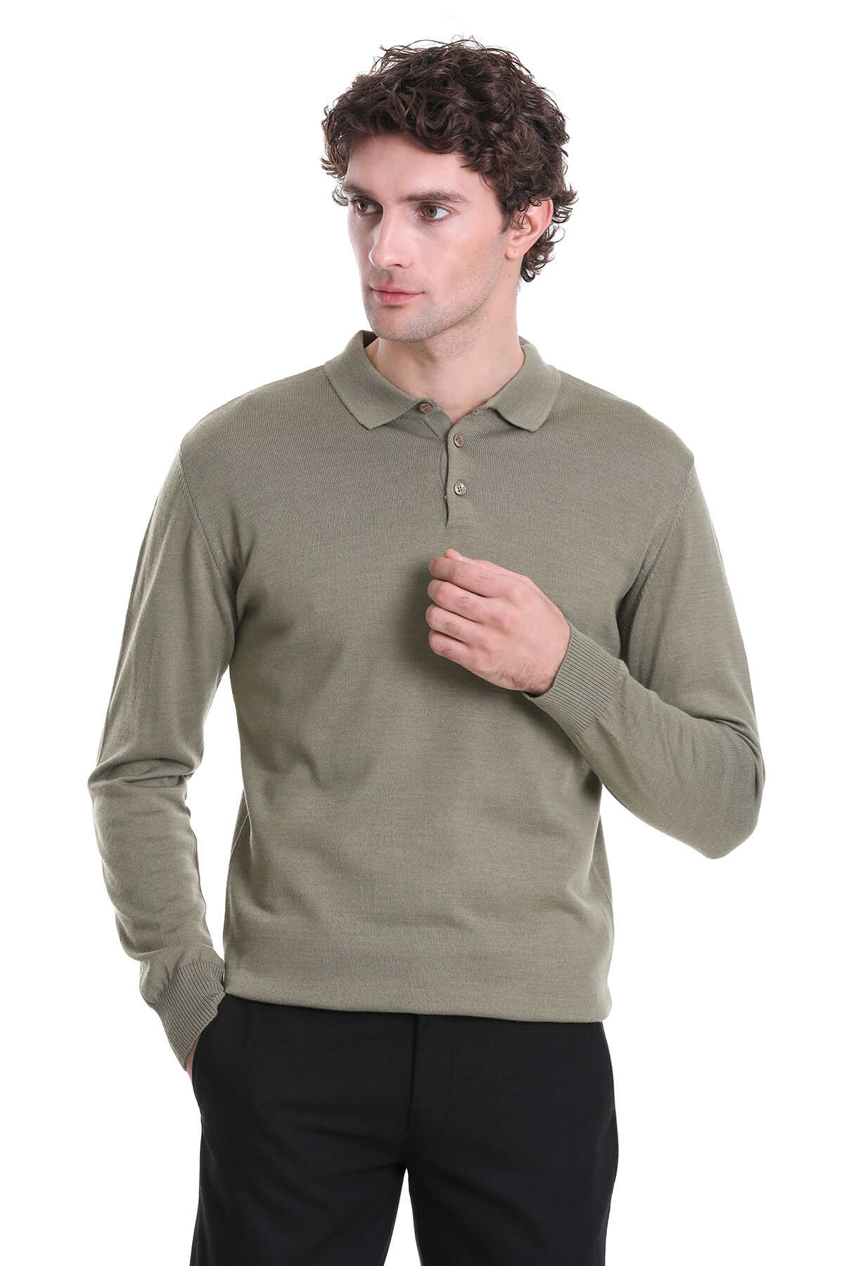 Regular Fit Wool Blend Green Polo Sweater - SAYKI