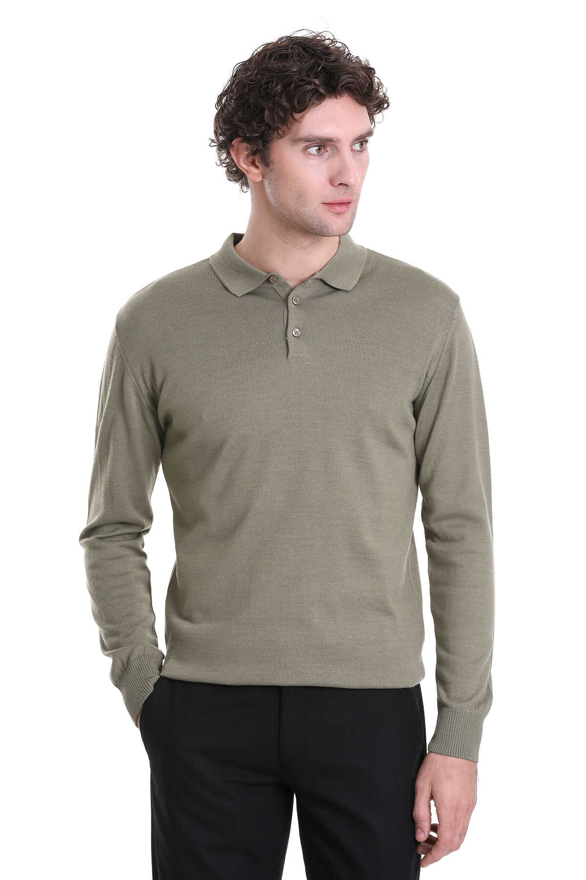 Regular Fit Wool Blend Green Polo Sweater - SAYKI