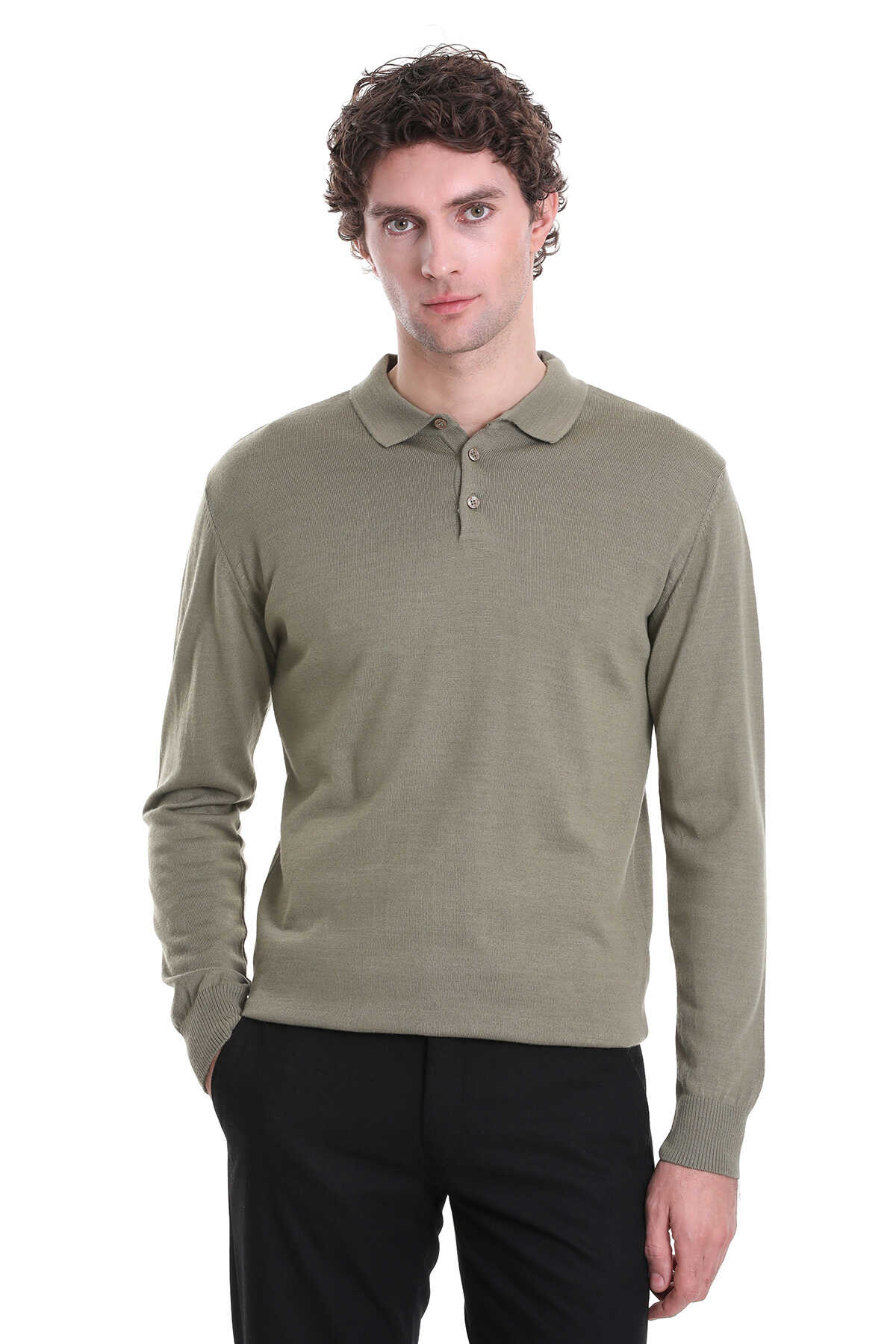 Olive green long-sleeved knit polo shirt with a classic collar and button placket.