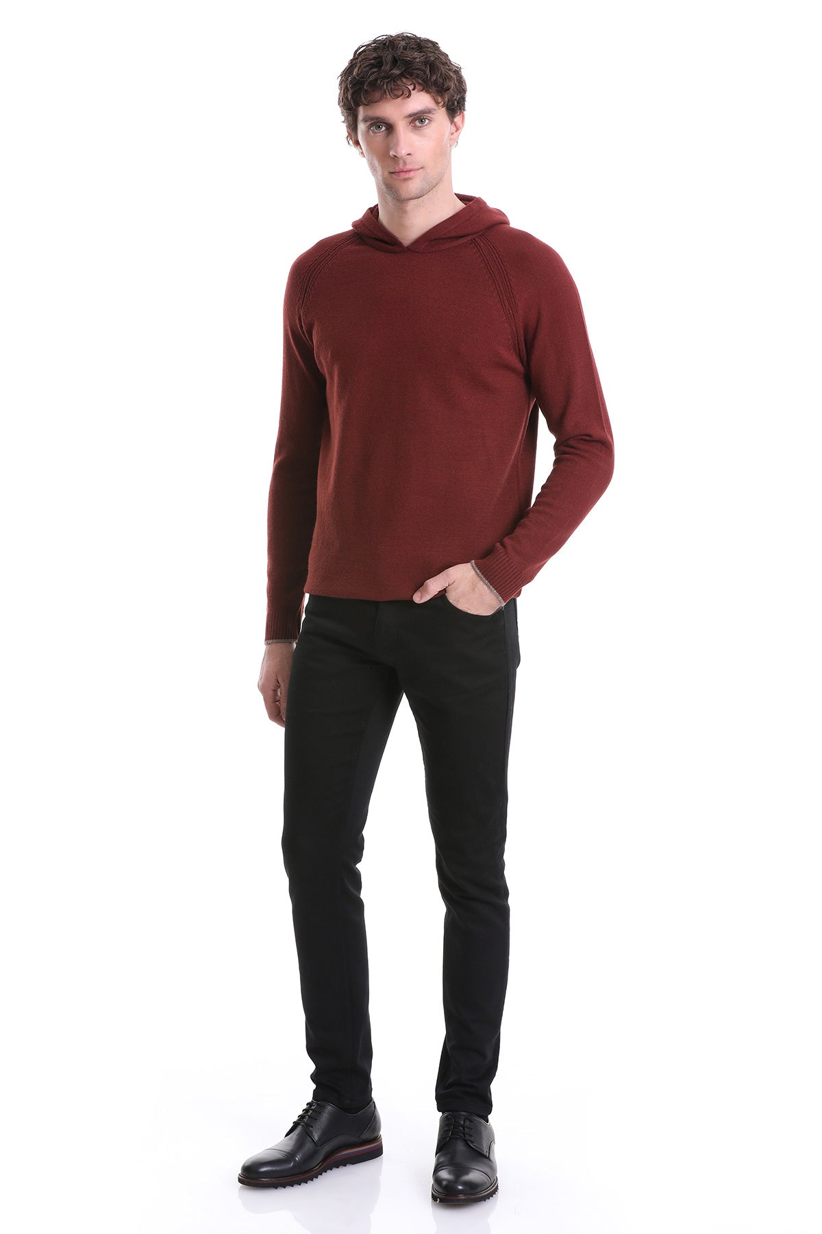 Regular Fit Wool Blend Hooded Brick Crewneck Sweater - SAYKI