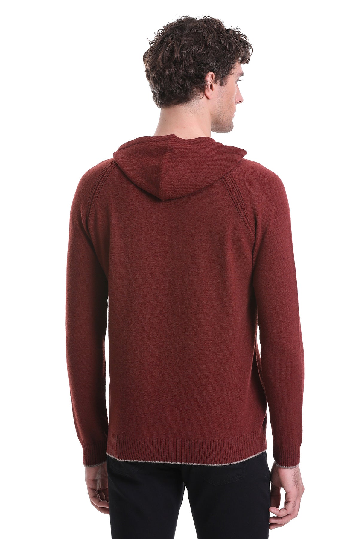 Regular Fit Wool Blend Hooded Brick Crewneck Sweater - SAYKI