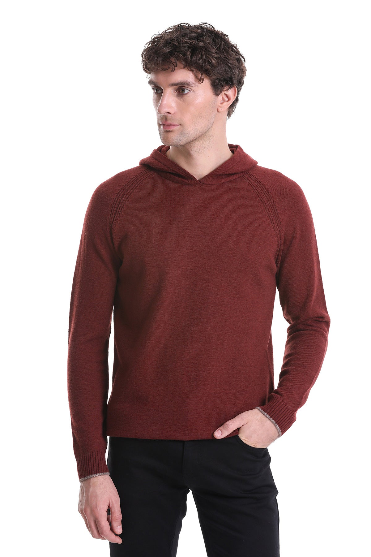 Regular Fit Wool Blend Hooded Brick Crewneck Sweater - SAYKI