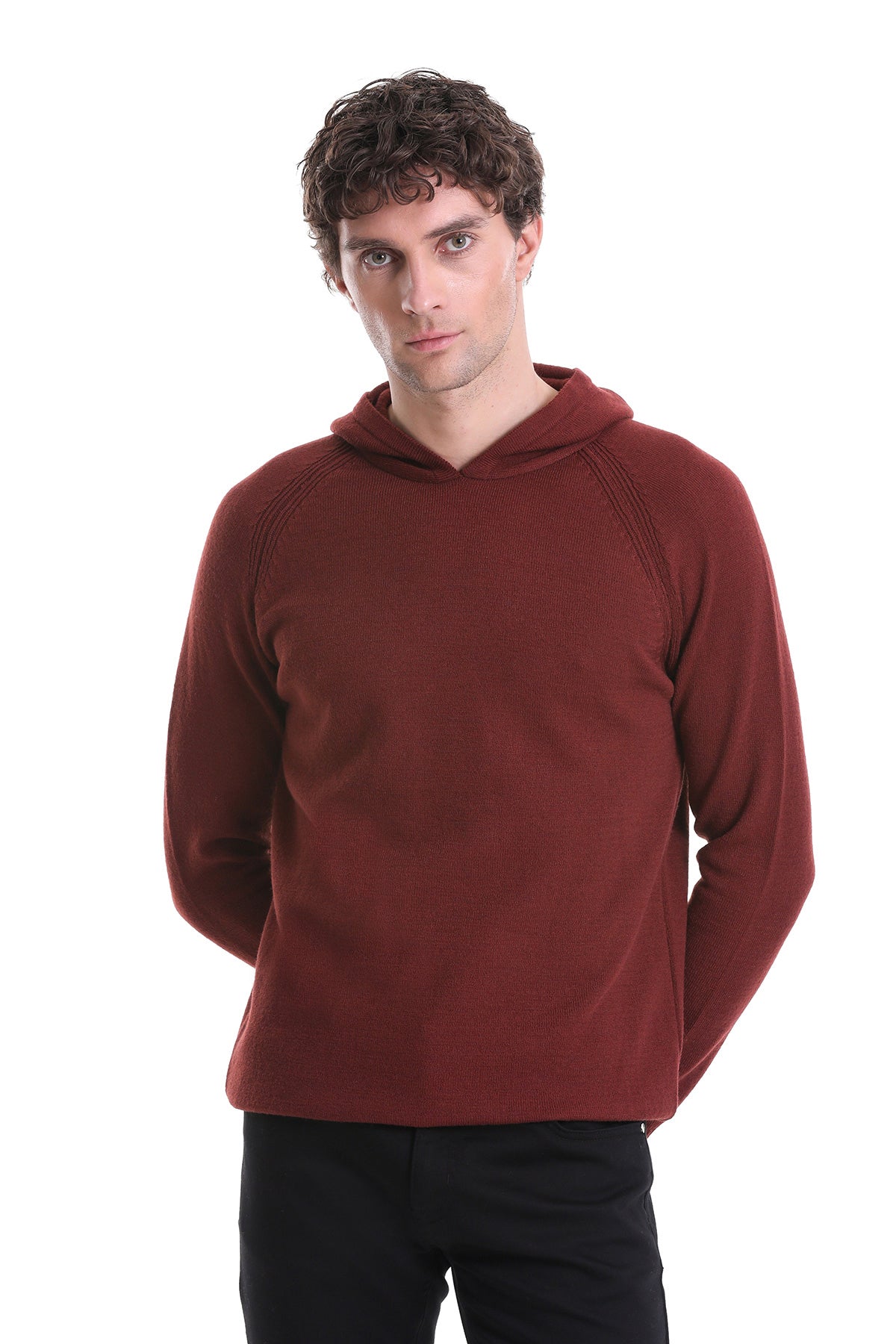 Regular Fit Wool Blend Hooded Brick Crewneck Sweater