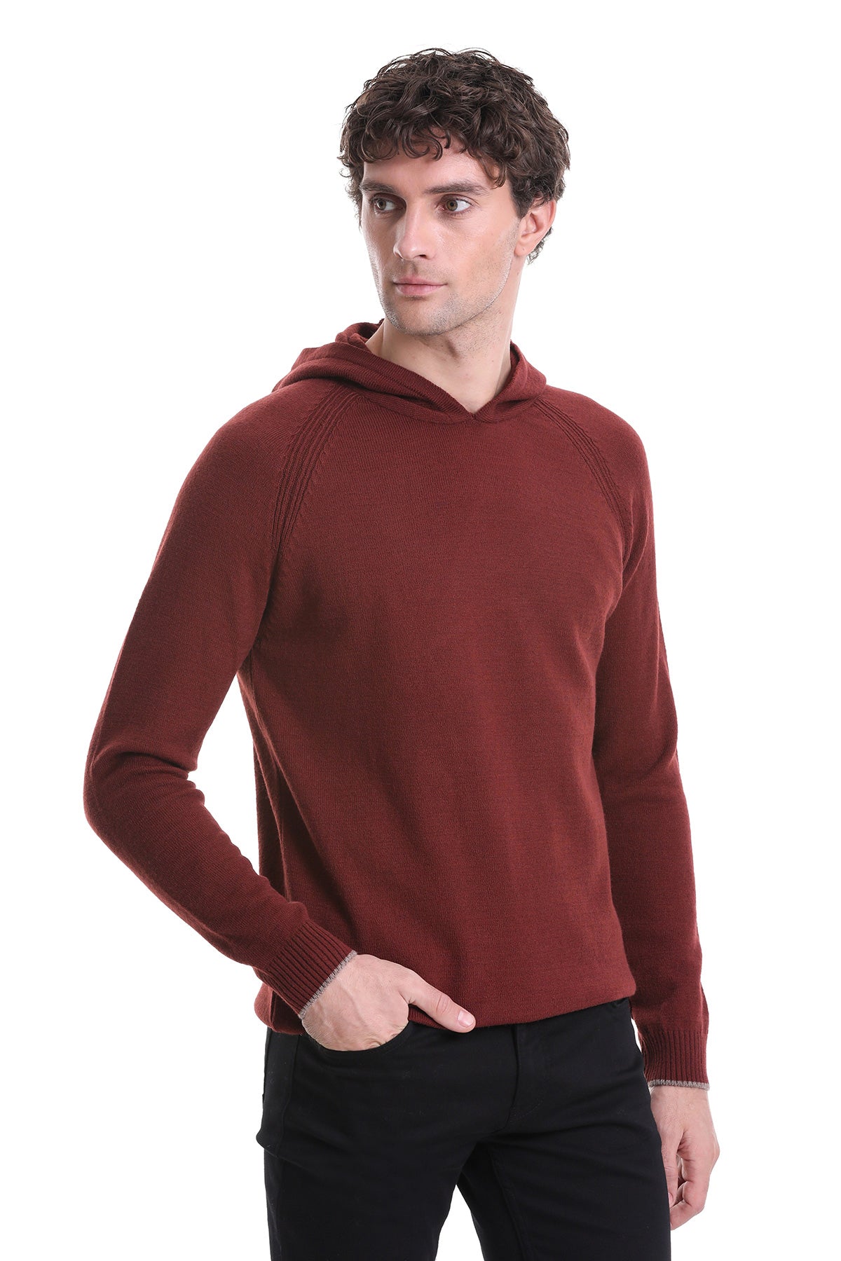 Regular Fit Wool Blend Hooded Brick Crewneck Sweater - SAYKI