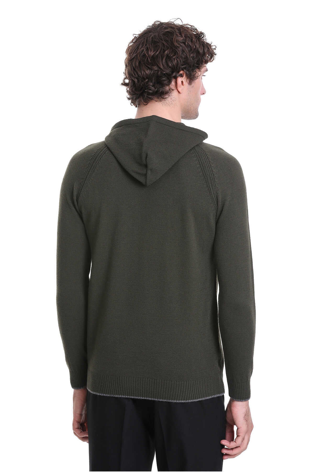 Regular Fit Wool Blend Hooded Khaki Crewneck Sweater - SAYKI