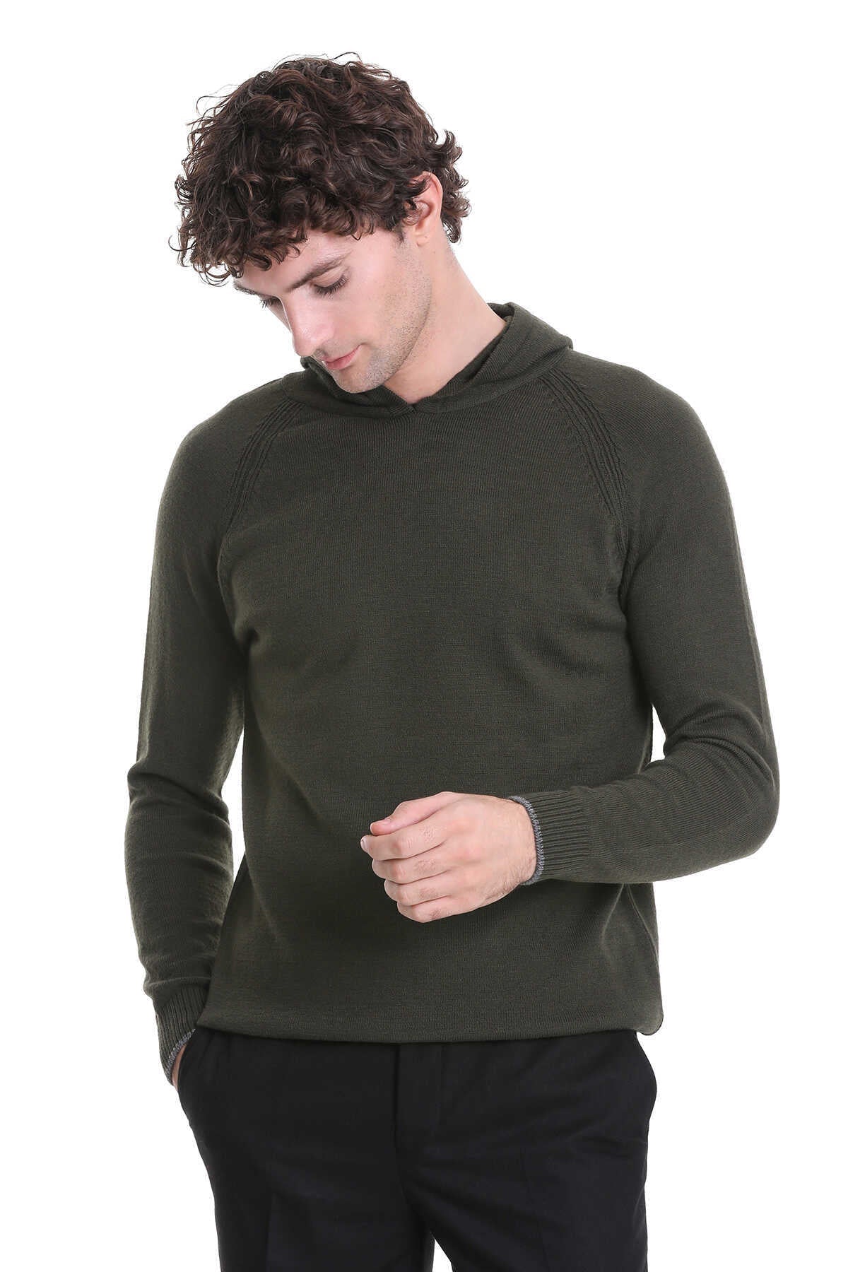 Regular Fit Wool Blend Hooded Khaki Crewneck Sweater - SAYKI