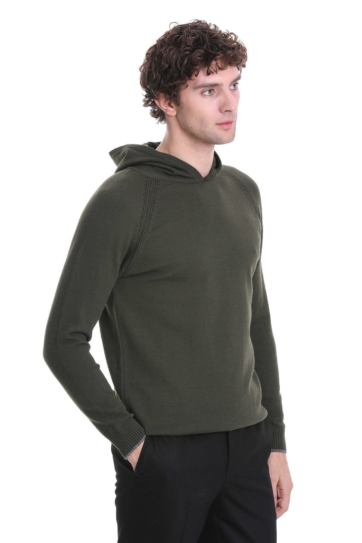 Regular Fit Wool Blend Hooded Khaki Crewneck Sweater - SAYKI
