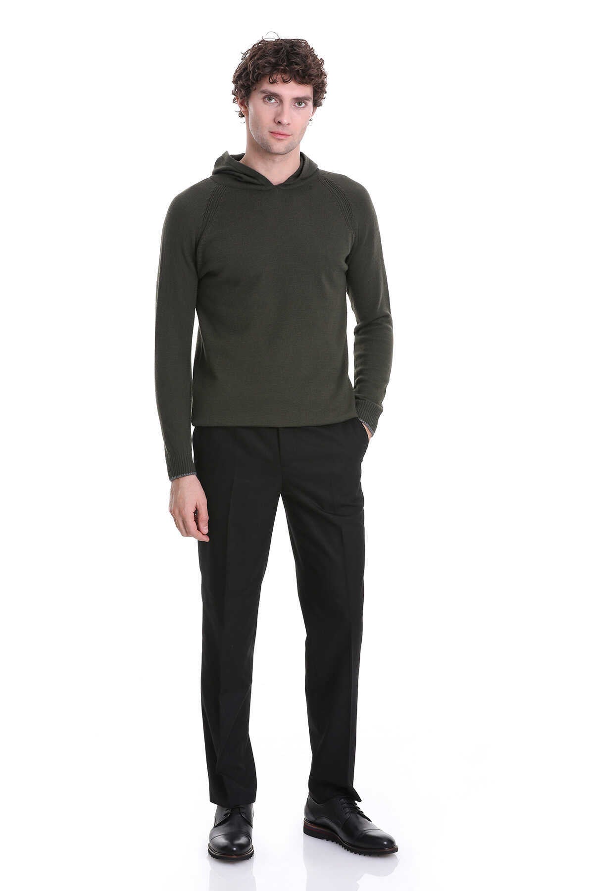 Regular Fit Wool Blend Hooded Khaki Crewneck Sweater - SAYKI