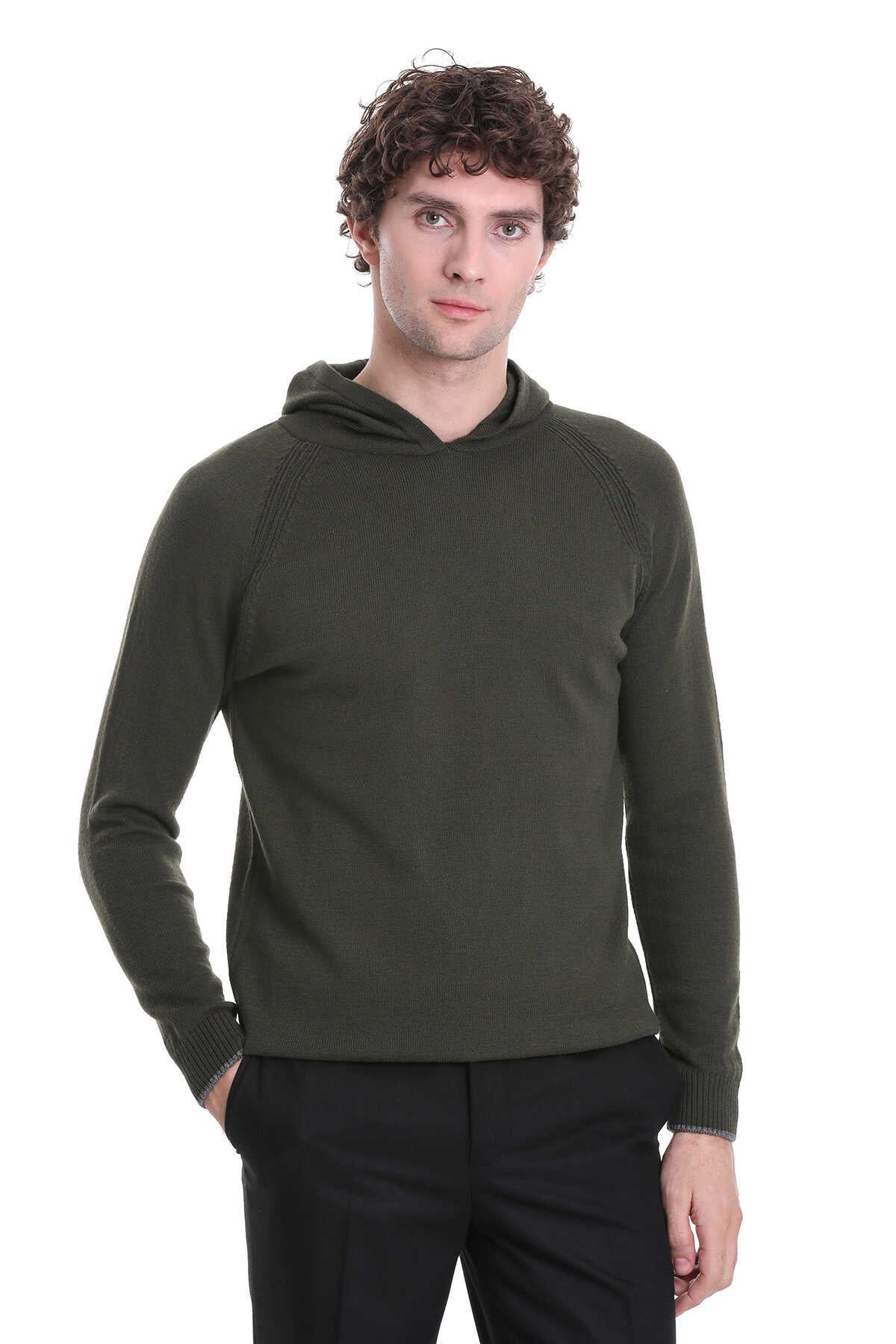 Olive green hooded sweater with ribbed cuffs and hem