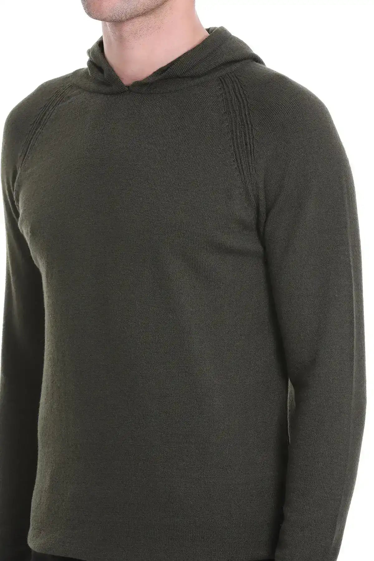 Regular Fit Wool Blend Hooded Khaki Crewneck Sweater - SAYKI