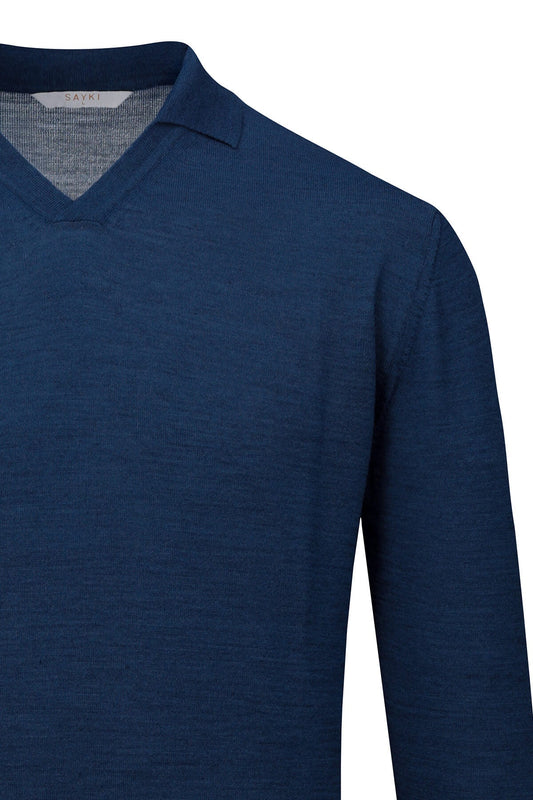 A navy blue, long-sleeved polo-style sweater with a subtle textured knit and a contrasting lighter gray inner collar.