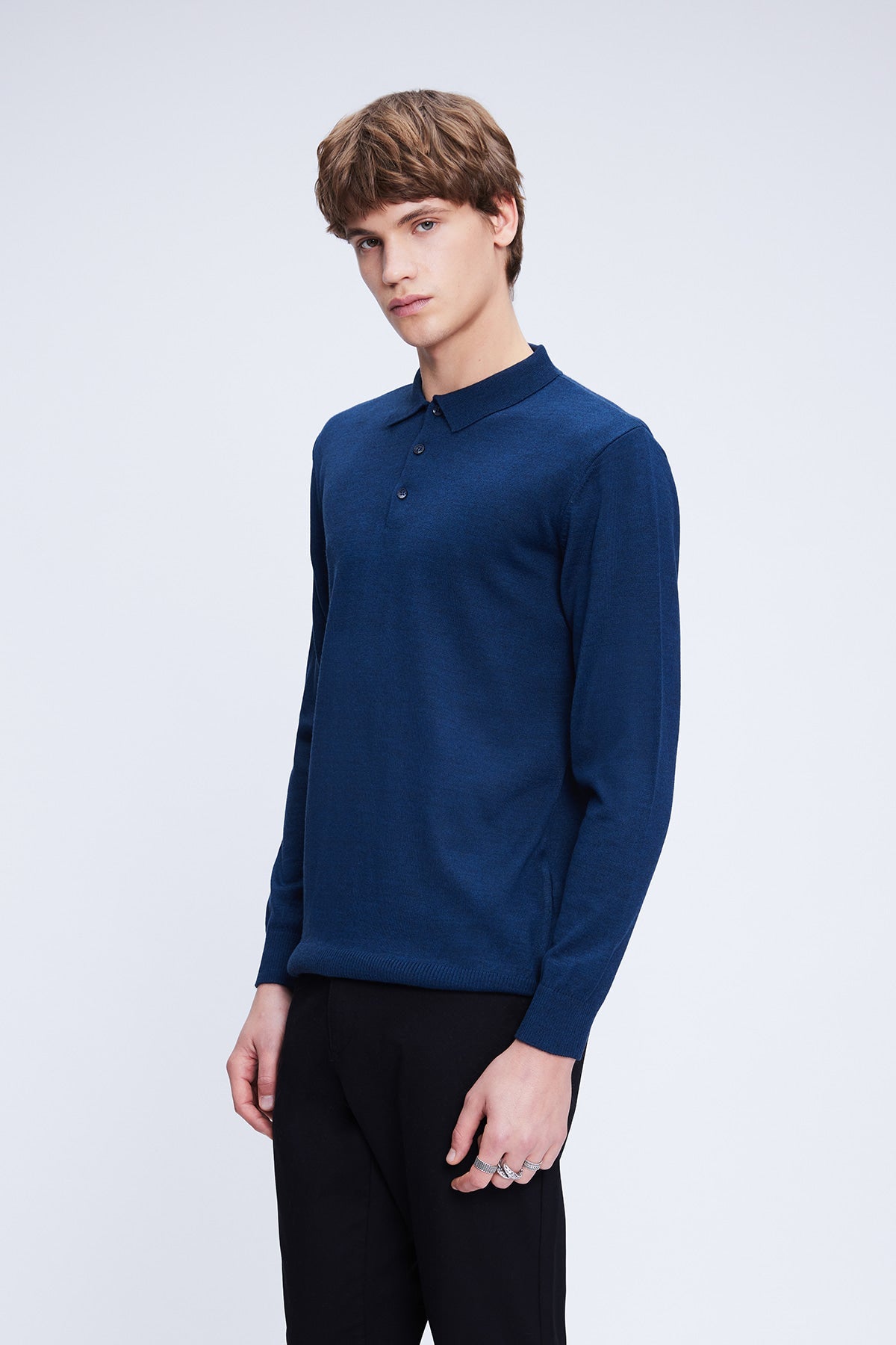 Regular Fit Wool Blend Indigo Polo Collar Sweater - SAYKI