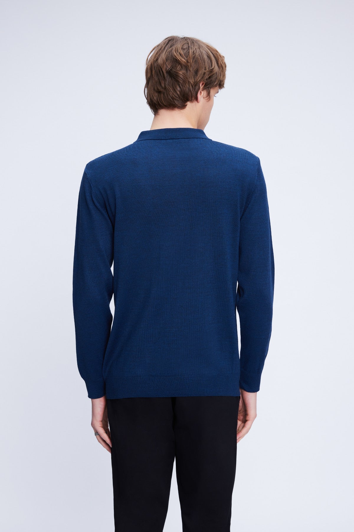 Regular Fit Wool Blend Indigo Polo Collar Sweater - SAYKI