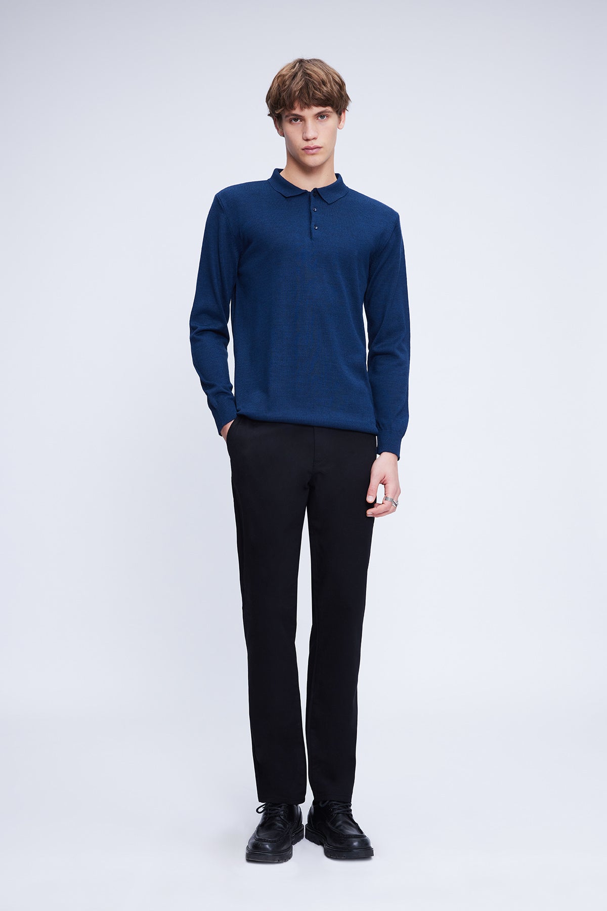 Regular Fit Wool Blend Indigo Polo Collar Sweater - SAYKI