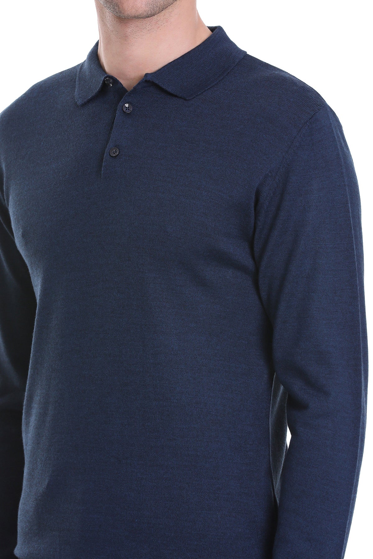 Regular Fit Wool Blend Indigo Polo Sweater - SAYKI