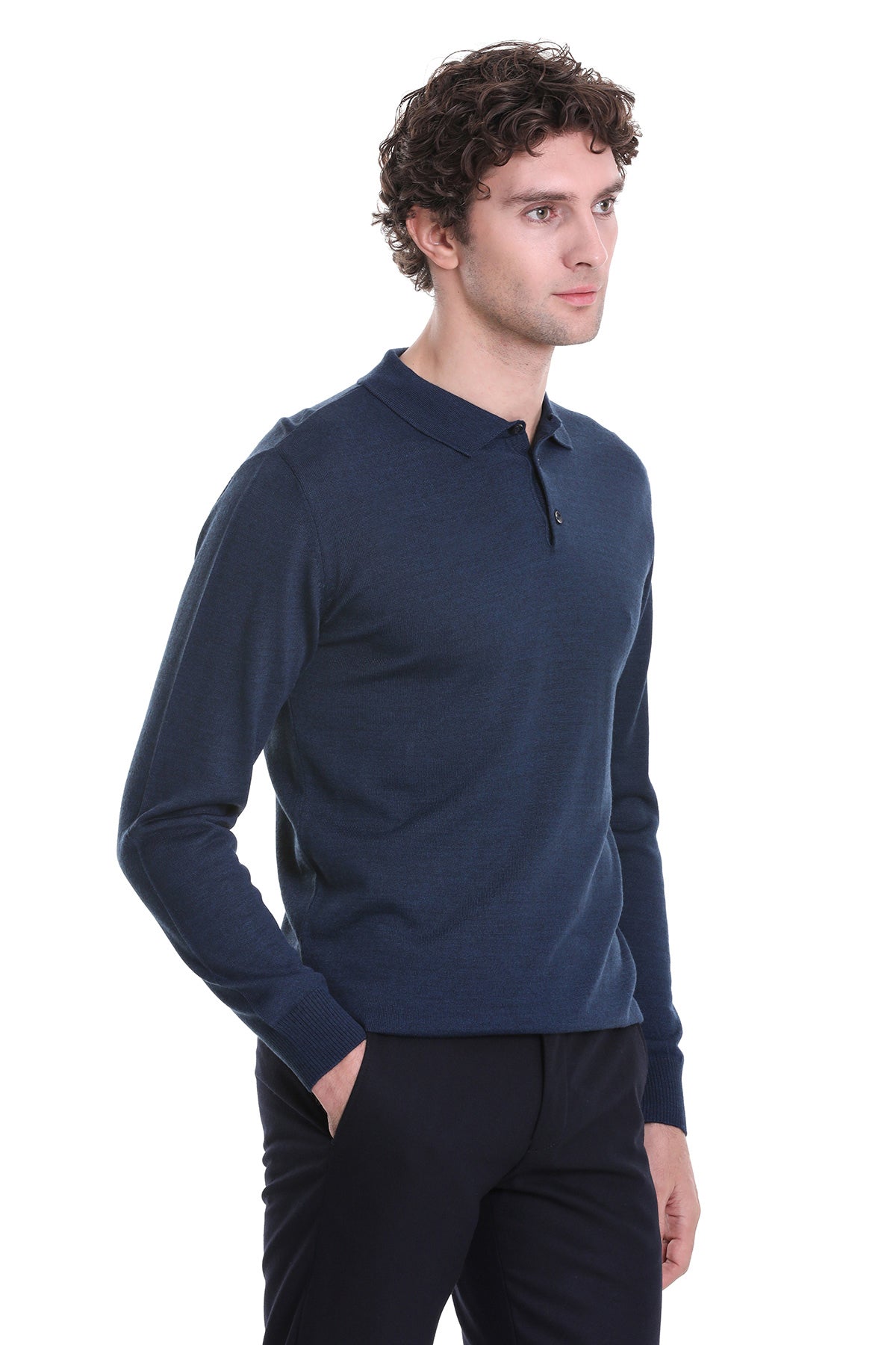 Regular Fit Wool Blend Indigo Polo Sweater - SAYKI