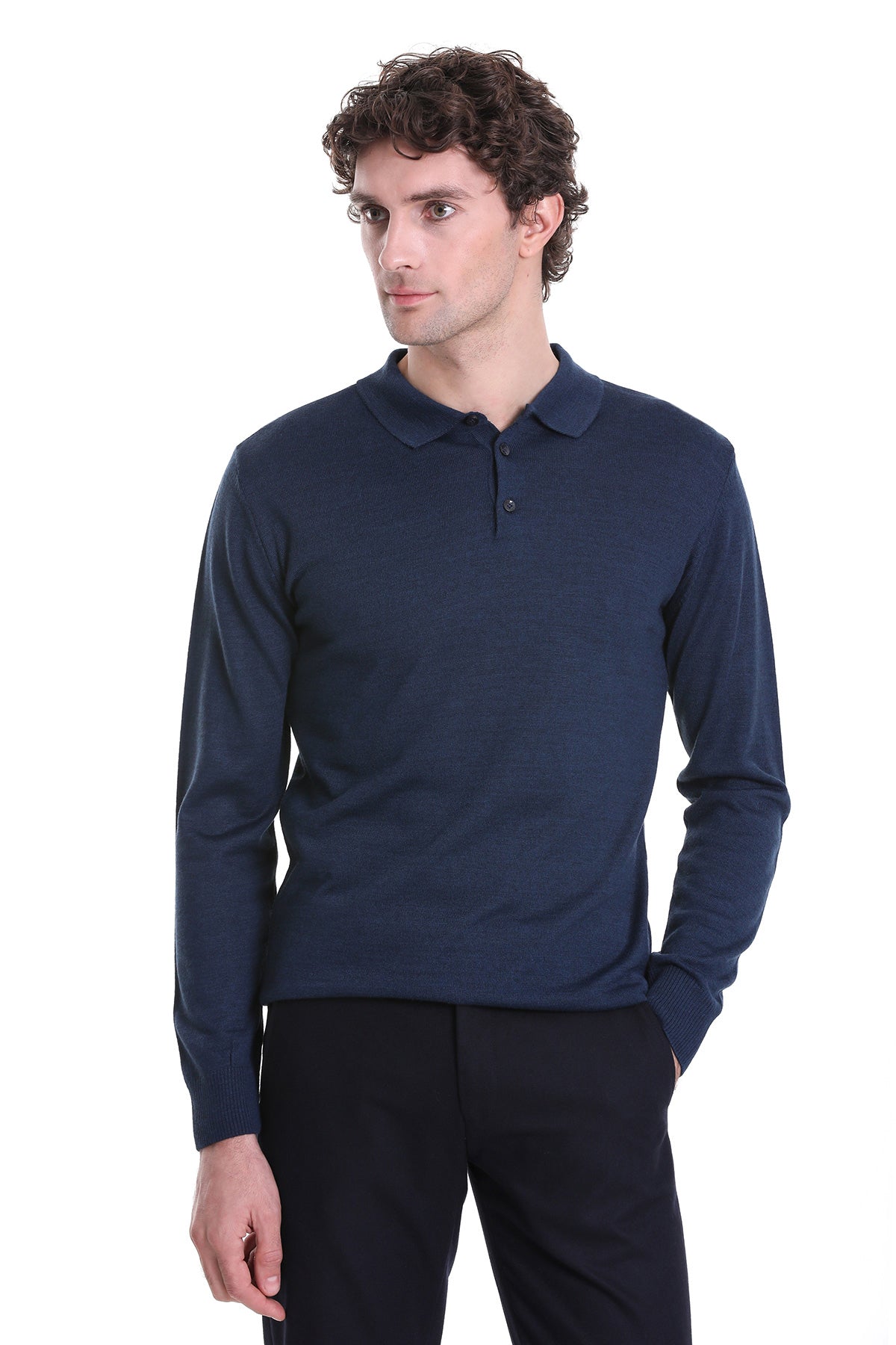 Regular Fit Wool Blend Indigo Polo Sweater - SAYKI