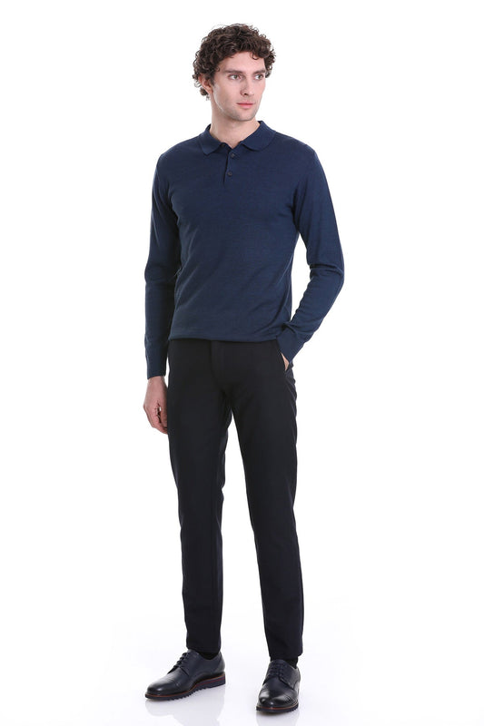 A navy blue long-sleeved polo shirt with a classic collar and buttoned placket.