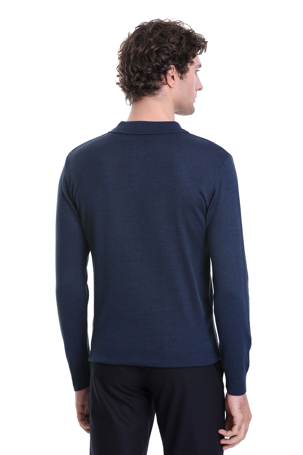 Regular Fit Wool Blend Indigo Polo Sweater - SAYKI
