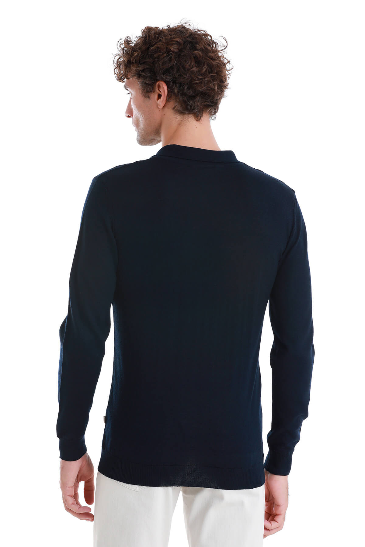Regular Fit Wool Blend Jacquard Navy Polo Sweater - SAYKI
