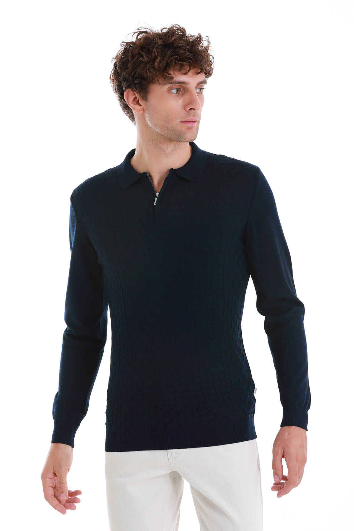 Regular Fit Wool Blend Jacquard Navy Polo Sweater - SAYKI