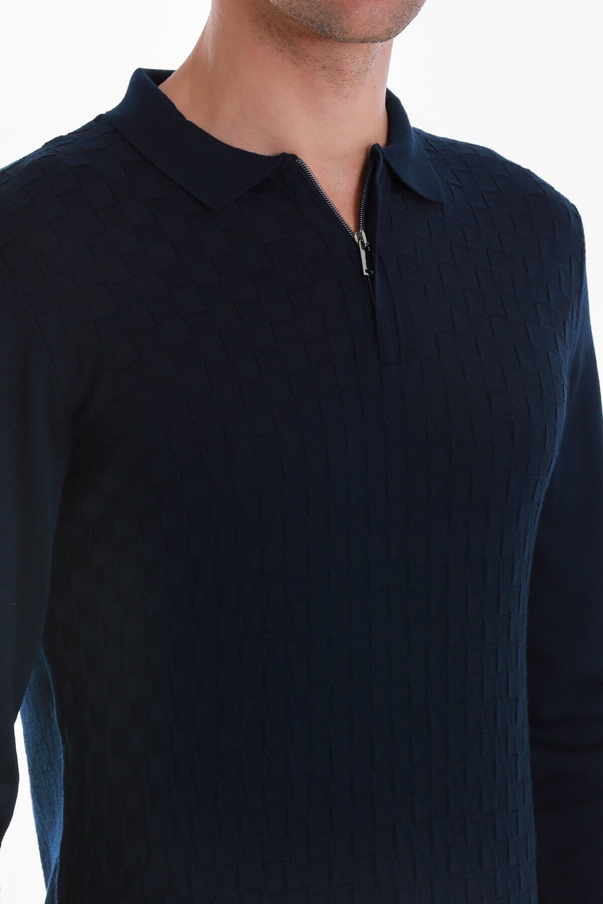 Regular Fit Wool Blend Jacquard Navy Polo Sweater - SAYKI
