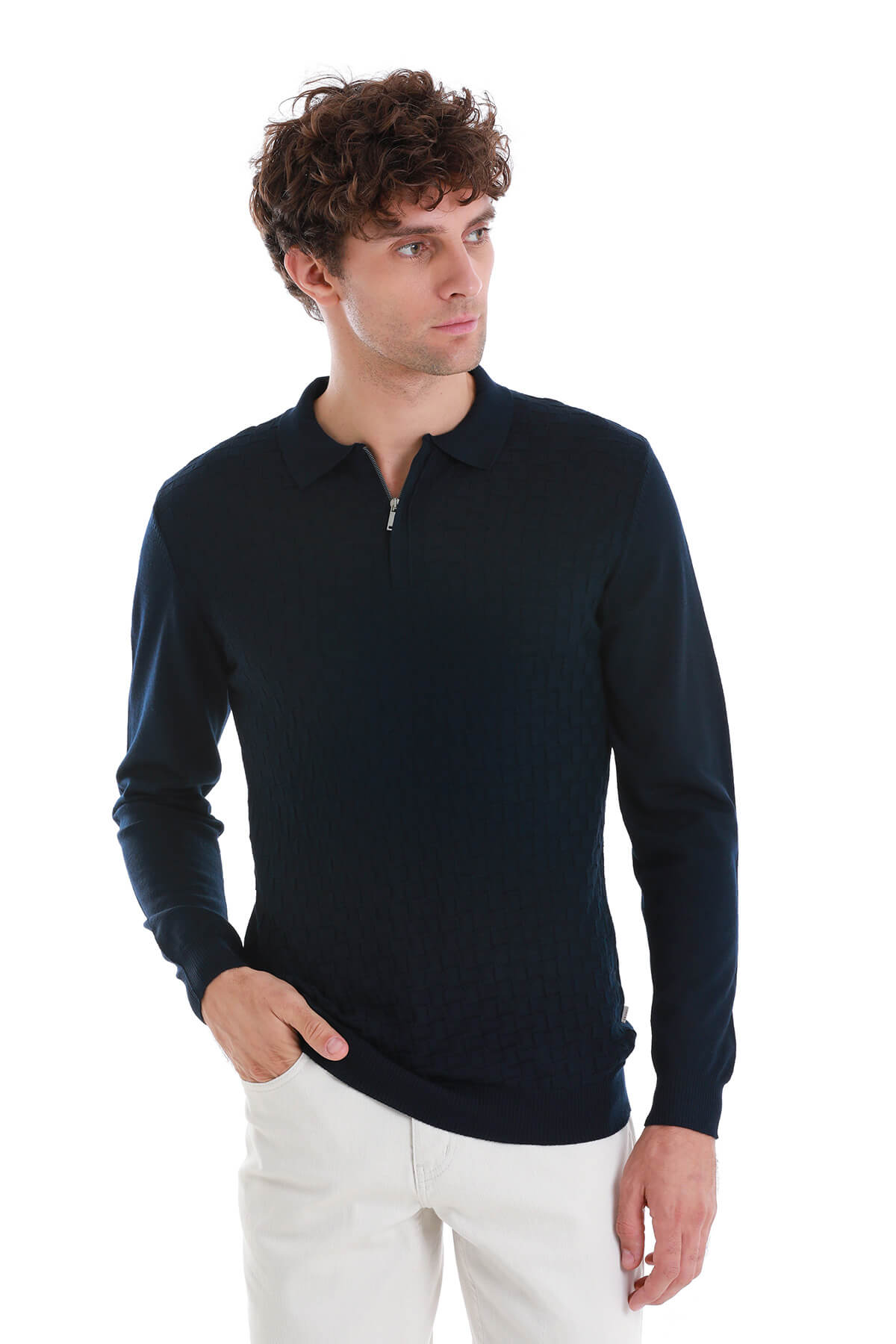 Regular Fit Wool Blend Jacquard Navy Polo Sweater - SAYKI