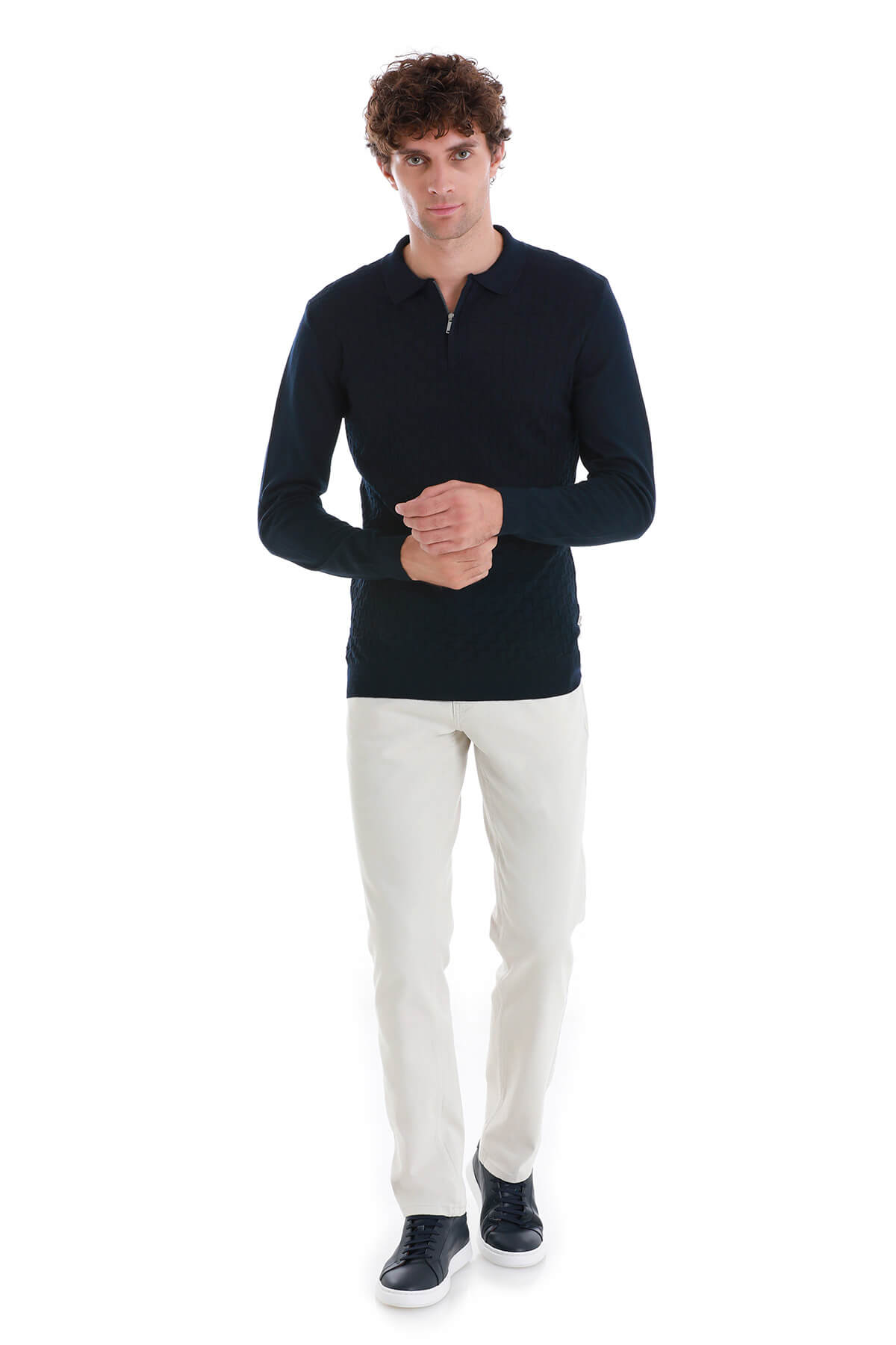 Regular Fit Wool Blend Jacquard Navy Polo Sweater - SAYKI