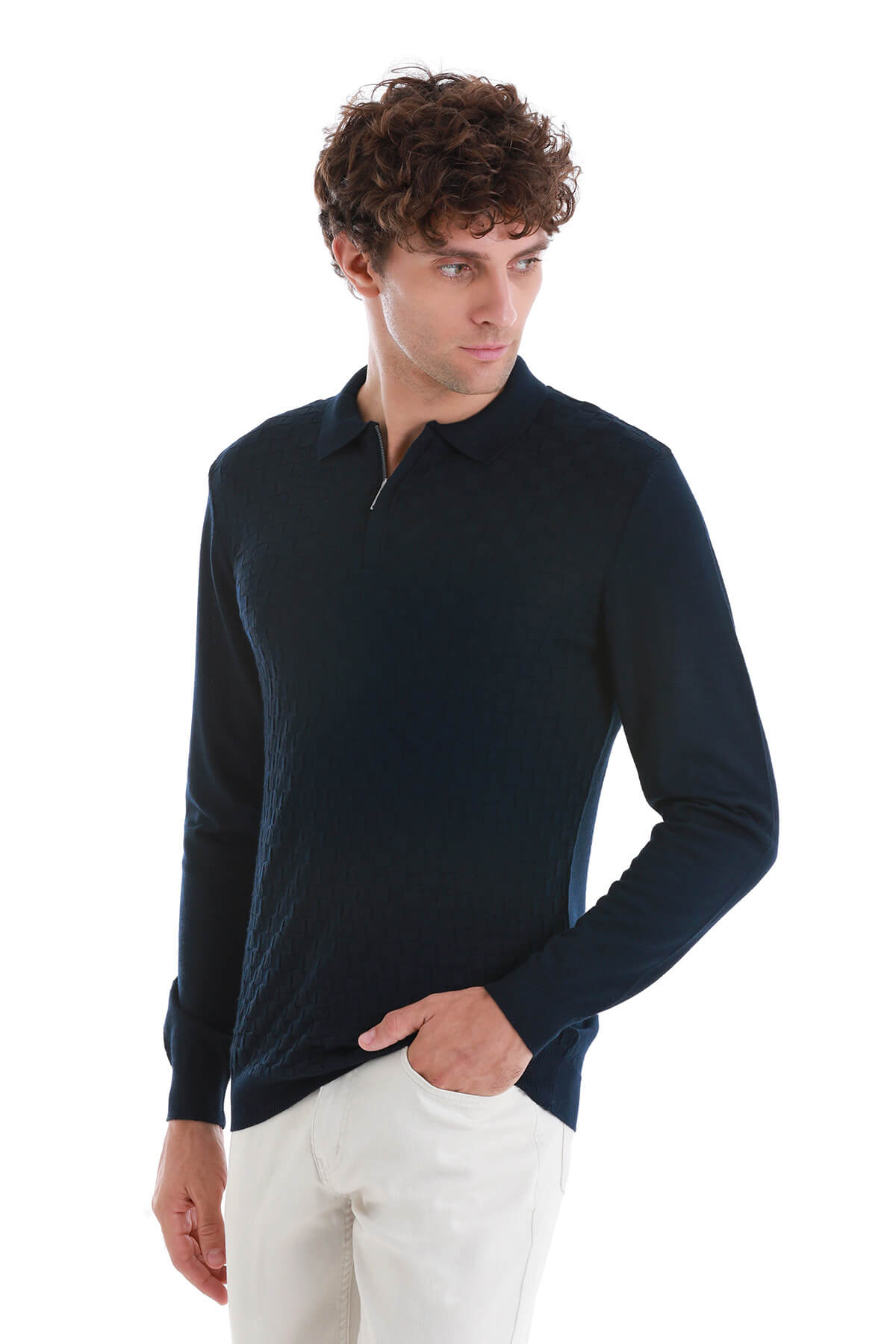 Regular Fit Wool Blend Jacquard Navy Polo Sweater - SAYKI