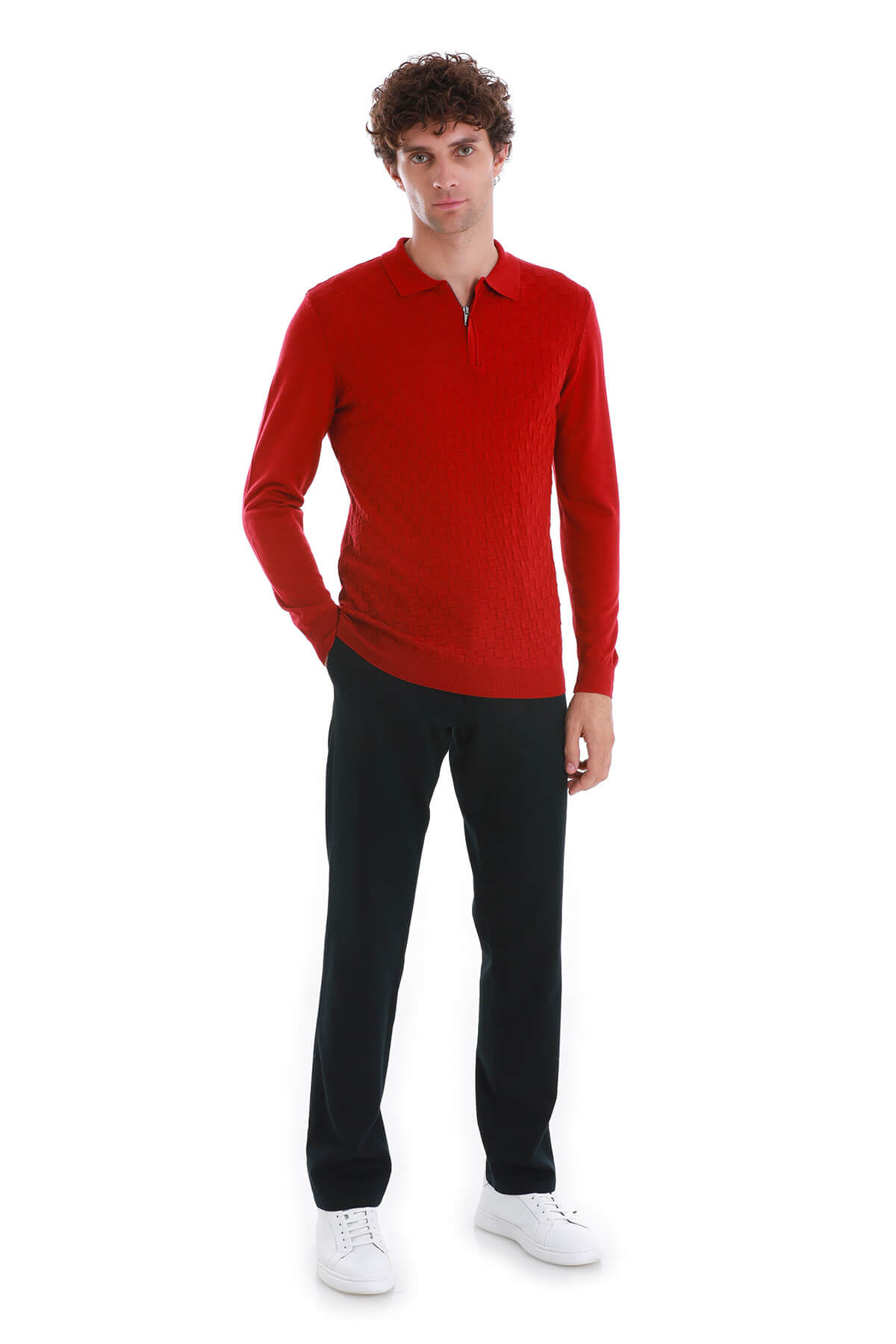 Regular Fit Wool Blend Jacquard Red Polo Sweater - SAYKI