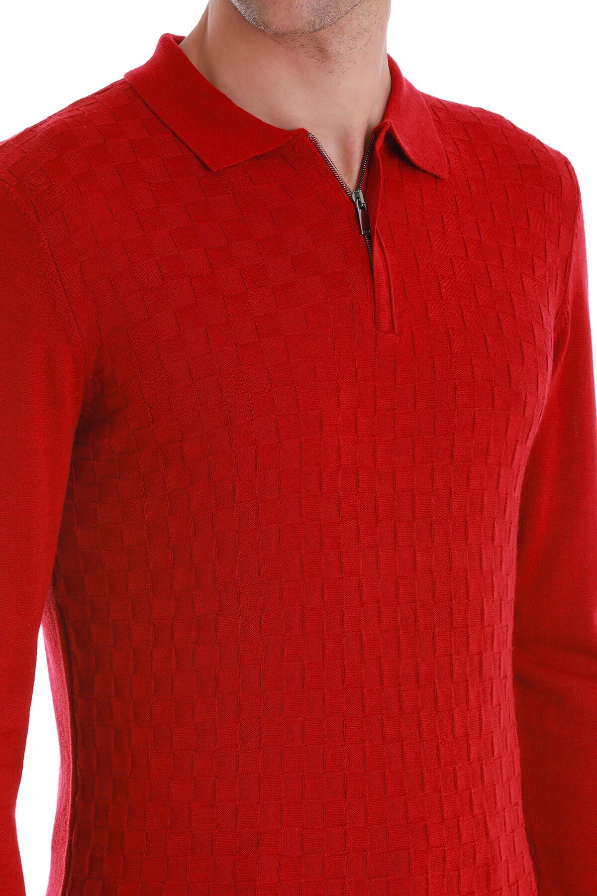 Regular Fit Wool Blend Jacquard Red Polo Sweater - SAYKI